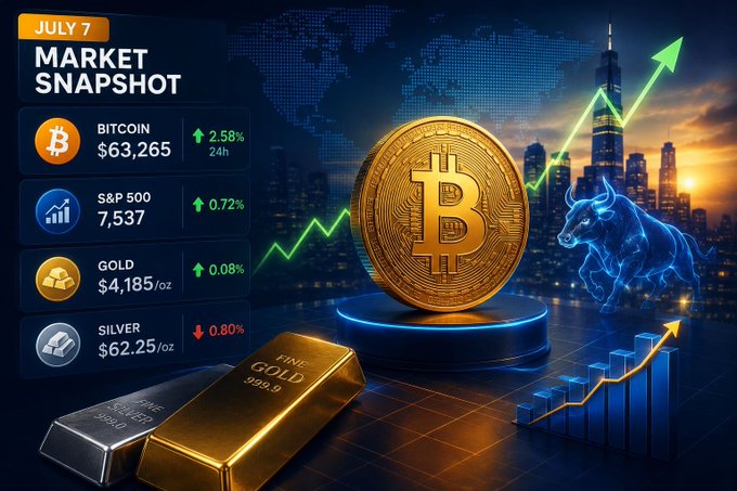 A 'JULY 7 MARKET SNAPSHOT' graphic displaying Bitcoin at $63,265 (+2.58%), S&P 500 at 7,537 (+0.72%), Gold at $4,185/oz (+0.08%), and Silver at $62.25/oz (-0.80%), featuring a large gold Bitcoin coin and a blue bull statue against a city skyline.