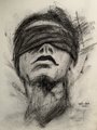A black and white charcoal-style sketch of a man's face tilted upward, wearing a dark band or blindfold across his eyes.