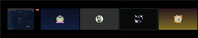 A horizontal strip showing five Discord server icons or avatars in sequence against a dark background.