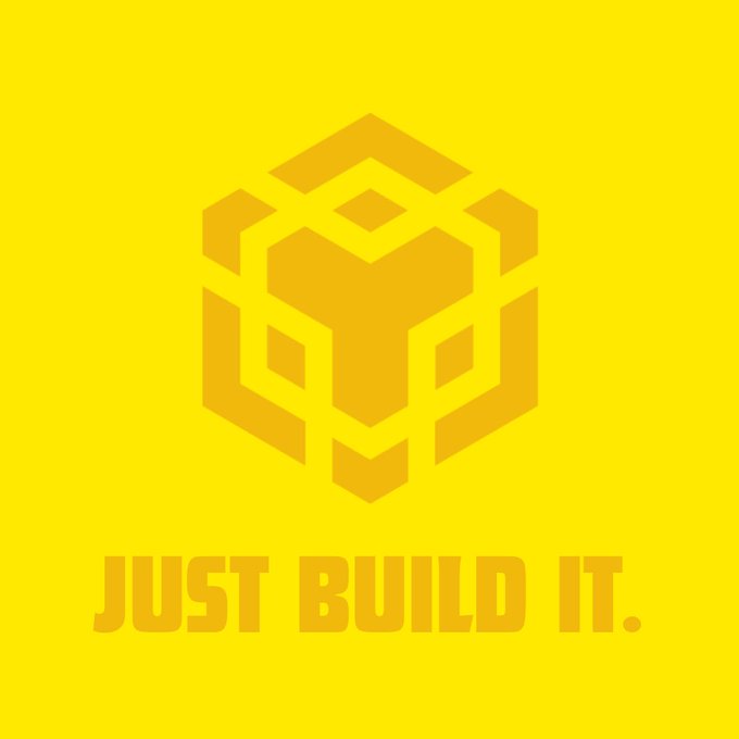 A graphic featuring a geometric orange cube logo with the text "JUST BUILD IT." on a yellow background, paired with a post celebrating BNB Chain's role in tokenizing real-world assets. The bold "JUST BUILD IT" slogan reinforces the post's message about BNB Chain's tangible contributions to the RWA ecosystem.