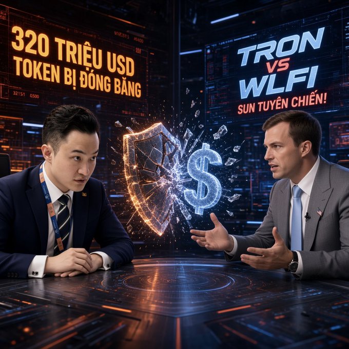 Two suited men sit at opposite ends of a high-tech table, staring intensely across a shattered digital shield emblazoned with a dollar sign, while glowing screens behind them display "320 TRIỆU USD TOKEN BỊ ĐÓNG BĂNG" and "TRON VS WLFI SUN TUYÊN CHIẾN!"—visualizing Justin Sun's $320 million legal clash with World Liberty Financial over frozen TRON tokens and restricted transfer rights.