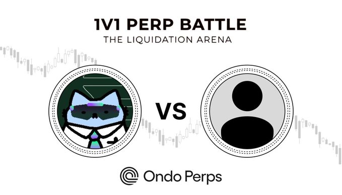 The image promotes a "1V1 PERP BATTLE - The Liquidation Arena" challenge on Ondo Perps, featuring a cat mascot in VR goggles versus a generic user icon in a "VS" matchup graphic. It visually represents the post's offer to fund a one-week trading competition where two participants compete on Ondo Perps, with the winner taking the $200 prize pool.