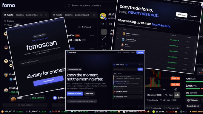 The image is a promotional collage for "fomo" (fomo.family), a cryptocurrency and meme coin trading platform, showcasing several overlapping interface screenshots against a dark theme. Visible features include "Alerts," "Tokens," and "Leaderboard" tabs; an AI assistant panel labeled "fomoscan" with the tagline "search any token, verify the source & whenever market's wild, see who's behind it"; a "copytrade fomo" section stating "never miss out, stop waking up at 4am to press buy"; a "know the moment, not the morning after" signal dashboard; a trading chart showing BTC at $82,107.78 with $793,920.00 in buys, $269K volume, and 515 buyers; and a scrolling ticker of meme coins, with the call-to-action "Get 10% off trading fees."

The collage directly illustrates the post's pitch that serious FOMO-style traders need these specific on-chain tools—AI token