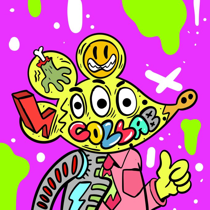 A vibrant, cartoonish illustration features a yellow creature with three eyes, a wide grin, and a small smiley-face head on top, surrounded by green splatters and a thumbs-up hand, with the word "COLAB" displayed across its body in colorful letters, playfully tying into the "GM" (good morning) greeting.