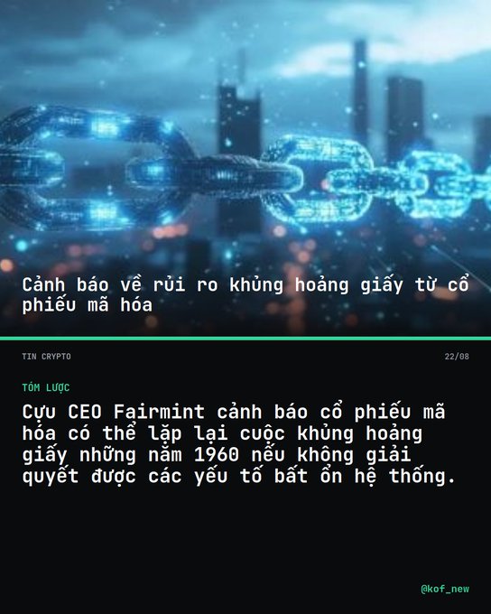 A Vietnamese news graphic with a digital chain illustration warning about cryptocurrency stampede risk, with text from the former CEO of Fairmint stating crypto could repeat a 1960s-style stampede if systemic instability factors aren't resolved.