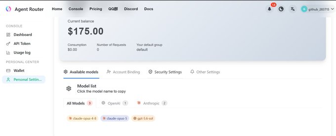 A screenshot of the 'Agent Router' dashboard interface displays a current balance of '$175.00', shows zero consumption and requests, and lists available models including 'claude-opus-4-0', 'claude-opus-5', and 'gpt-5.6-co1'.