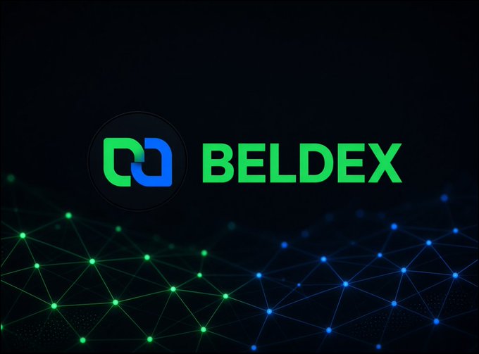 The image displays the "BELDEX" logo, featuring a stylized green and blue interlocking icon, set against a dark background with an abstract network of green and blue nodes and connecting lines, visually representing the decentralized and interconnected nature of Beldex's privacy-focused ecosystem as described in the post.