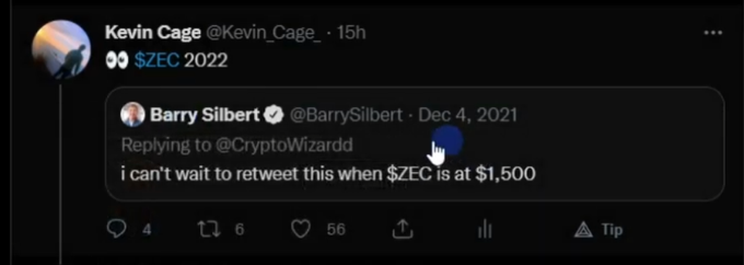 A tweet from Kevin Cage (@Kevin_Cage_) quotes a December 2021 tweet from Barry Silbert (@BarrySilbert) about retweeting when ZEC reaches $1,500, with 56 likes and 6 retweets.