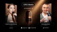 A promotional graphic for "ORO Beats Episode 16" features headshots of speakers Katerina Vikhrova and Alexander Belov flanking a microphone, with details indicating "EPISODE 16," "2PM UTC," "AUG 15," and "5000 Points" to advertise an upcoming live audio session offering 5,000 ORE Points to attendees.