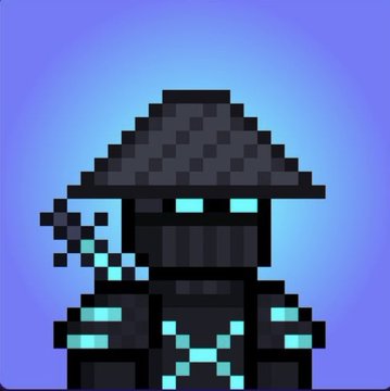 A pixel art character wearing a wide-brimmed dark hat and glowing cyan accents on its dark outfit stands against a blue gradient background.