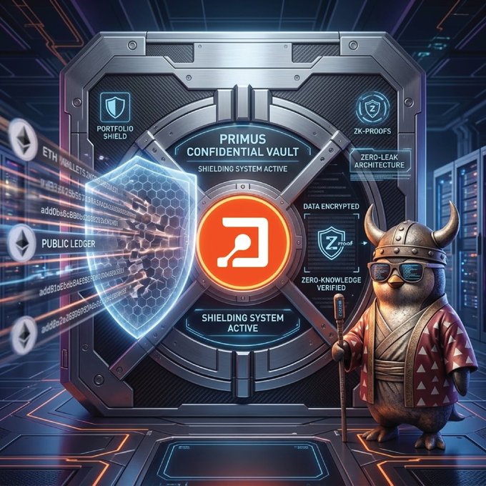 A metallic vault door labeled "PRIMUS CONFIDENTIAL VAULT" with "SHIELDING SYSTEM ACTIVE" stands amid server racks, featuring a glowing orange "P" logo and badges for "PORTFOLIO SHIELD," "ZK-PROOFS," "ZERO-LEAK ARCHITECTURE," "DATA ENCRYPTED," "ZERO-KNOWLEDGE VERIFIED," alongside a "PUBLIC LEDGER" panel showing ETH addresses and transaction hashes, while a samurai-armored otter mascot holding a staff stands guard—visually reinforcing Primus's message about protecting on-chain data privacy and shielding sensitive trading history and wallet balances from the inherent transparency risks of public blockchains.
