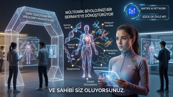 A futuristic promotional graphic for 'MATRIX AI NETWORK' featuring a hologram of a human body labeled with terms like 'Genome Versi' and 'Metabolomik Analizi', alongside Turkish text translating artificial intelligence into capital.