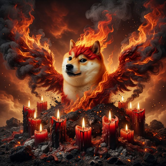 A Shiba Inu (Doge) emerges from a fiery, ash-filled scene surrounded by burning candles and flamed wings, symbolizing a powerful resurgence or rebirth.

The image powerfully visualizes the post's "from the ashes rises again $DOGE" sentiment, portraying Doge as a phoenix-like figure reborn from destruction, evoking themes of recovery, resilience, and renewed bullish energy for the cryptocurrency.