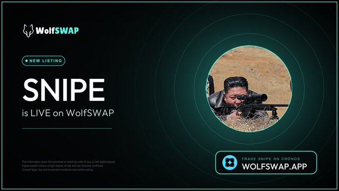 An advertisement for WolfSWAP announces "SNIPE is LIVE on WolfSWAP" featuring an image of Kim Jong Un looking through a rifle scope, with text reading "TRADE SNIPE ON CRONOS WOLFSWAP.APP".
