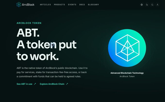 A website screenshot for ArcBlock displaying "ABT. A token put to work." with the ABT logo and text describing it as the native token of ArcBlock's public blockchain.
