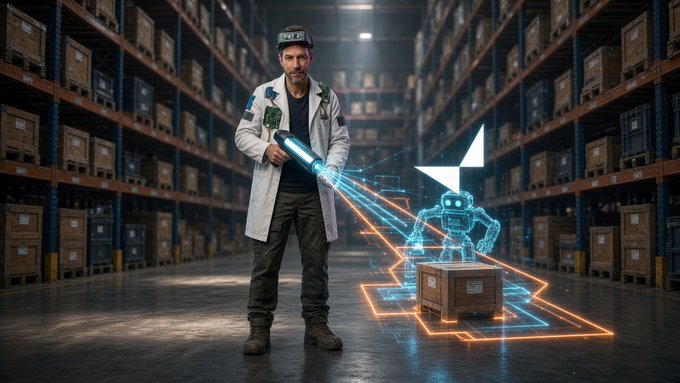 A man in a white lab coat stands in a warehouse holding a futuristic device that projects orange laser lines, while a small blue holographic robot inspects a cardboard box on the floor.