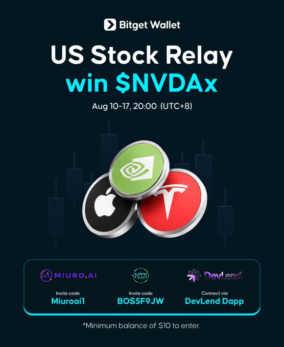 The image is a promotional poster for Bitget Wallet's "US Stock Relay" campaign, running August 10–17 at 20:00 UTC+8, featuring NVIDIA, Apple, and Tesla coin icons and offering invite codes "Miuroai1" (for Miuro.AI) and "BOS5F9JW" (for MTX), plus a connection via the DevLend Dapp, with a $10 minimum balance requirement to enter and win $NVDAx.