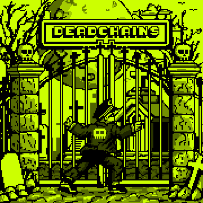 A green-tinted pixelated image featuring a hooded figure with a skull face standing before a chained iron gate flanked by skull-topped pillars, with "DEADCHAINS" displayed on a stone plaque above. The artwork serves as a thematic header for a post announcing a live "Wallet Checker" for the Deadchains NFT collection on OpenSea, with the eerie chain-and-gate imagery matching the collection's dark, blockchain-inspired branding.