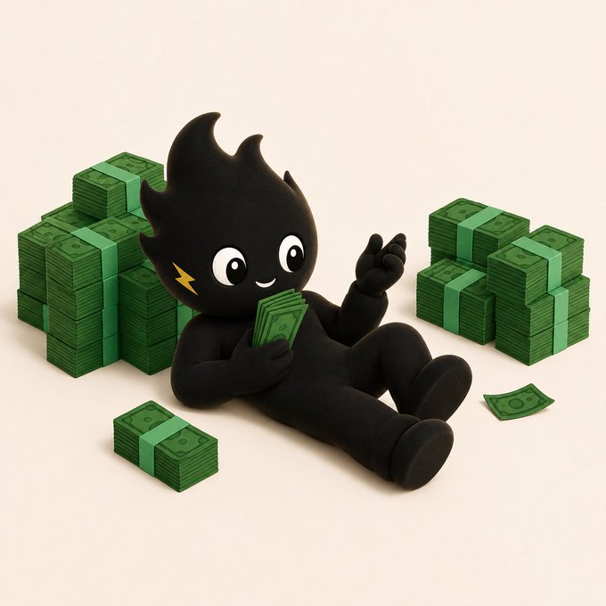 A small black cartoon character with a flame-shaped head lies against stacks of green money, holding cash and giving a thumbs-up gesture, with a lightning bolt symbol on its cheek.