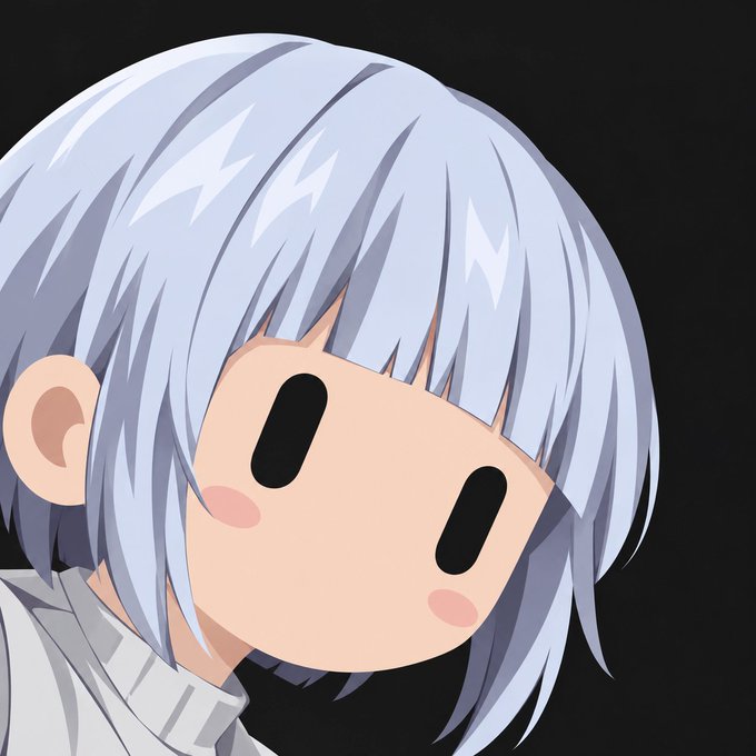An anime-style portrait of a character with short silver hair, rosy cheeks, and a neutral expression against a black background.