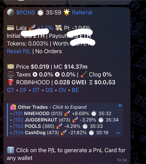A screenshot of a crypto trading bot interface showing '$PONS' token stats, including a price of $0.019, market cap of $14.37m, and other trade information like 'NINEHOOD' and 'JUGGERNAUT'.