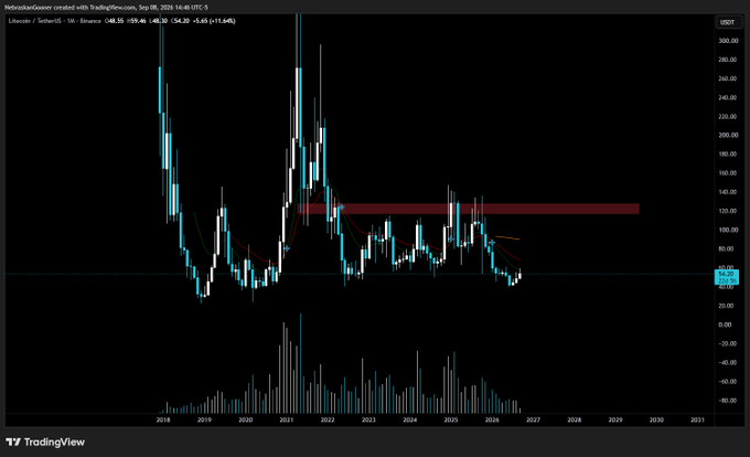 A TradingView candlestick chart for Litecoin ($LTC) on LSEcoin/TetherUS shows the price trading at $54.20, down 5.03% (-$11.48), with the long-term trend depicting a significant decline from 2021 highs near $400 down to a current range around $50–$60, with a red resistance zone marked near $120–$130. The chart visually supports the post's bearish sentiment, illustrating that LTC remains well below the critical $130 level needed for long-term holders to regain a bullish outlook.