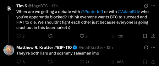 A screenshot of a Twitter exchange where user Matthew R. Kratter #BIP-110 replies "They're both liars and scammy salesmen imo" to Tim S.'s post about wanting a debate with @PunterJeff or @AdamBLiv on Bitcoin vs. fiat during the bearmarket. The accompanying post's caption critiques the hypocrisy of calling figures like Jeff and Liv "scammy salesmen," pointing out that despite criticism of hardware wallets and influencers, they have provided "PAID DIVIDENDS" to followers.
