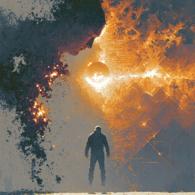 Surreal digital artwork of a hooded figure standing before a massive glowing golden sphere containing a Bitcoin 'B' logo, set against a textured blue and orange background.