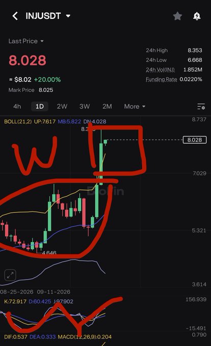 A cryptocurrency trading chart for INJ/USDT showing a last price of 8.028 with a 20.00% gain, featuring red annotations including the letter 'W' and circled patterns on the candlestick graph.