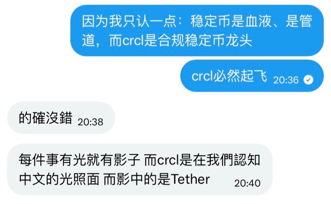 A Chinese chat conversation discussing stablecoins, with messages claiming 'crcl是合规稳定币龙头' (crcl is the leading compliant stablecoin) and comparing CRCL favorably to Tether.