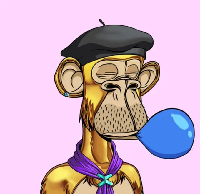 An illustration of a Bored Ape-style NFT character wearing a black beret and blowing a large blue bubble gum bubble.