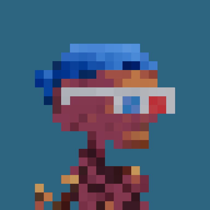 Pixel art illustration of a character wearing a red and blue cap with white, red, and blue rectangular sunglasses against a teal background.