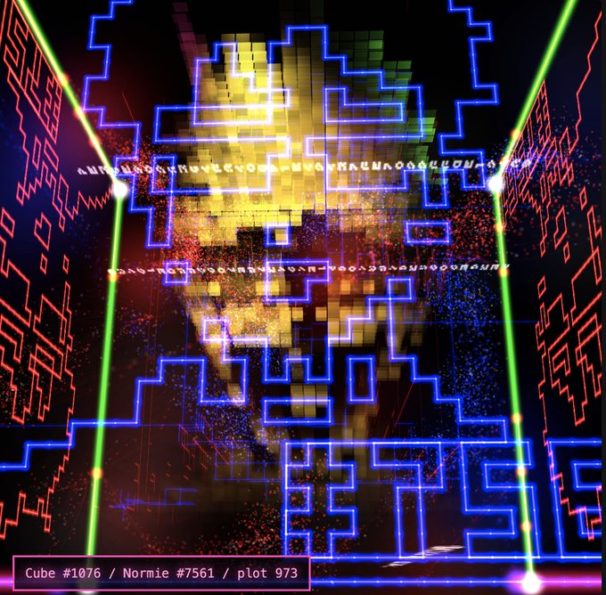 A vibrant digital artwork displays glowing blue geometric line patterns and yellow pixelated shapes against a dark background, labeled 'Cube #1076 / Normie #7561 / plot 973'.