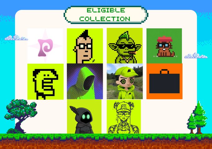 The image displays an "ELIGIBLE COLLECTION" banner above a 3x4 grid of NFT artwork thumbnails, showing various pixel-art and stylized characters (including goblins, a hooded figure, and a briefcase) that holders must own to qualify for the free mint on July 25th via the OpenSea launchpad.