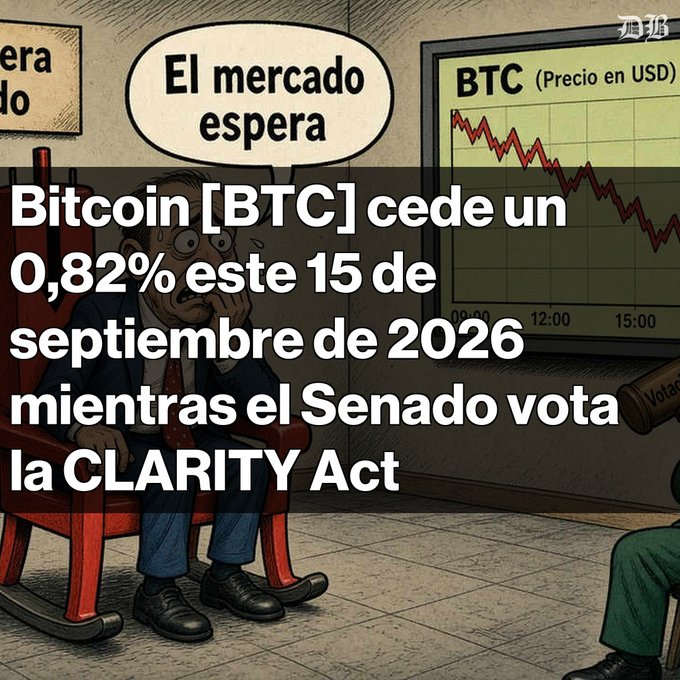 A Spanish-language Bitcoin news graphic featuring a cartoon of an anxious man saying 'El mercado espera' (The market waits), stating that Bitcoin [BTC] is down 0.82% on September 15, 2026, while the Senate votes on the CLARITY Act.