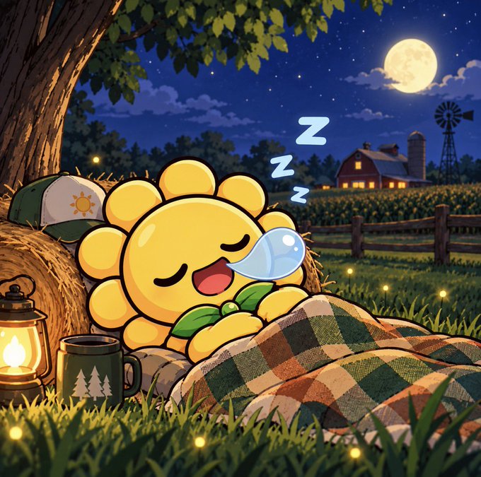 A digital illustration of a cute anthropomorphic sunflower with closed eyes and a blue teardrop, sleeping under a patchwork blanket next to a lantern and mug, with 'Zzz' symbols indicating snoring, set against a nighttime farm scene.