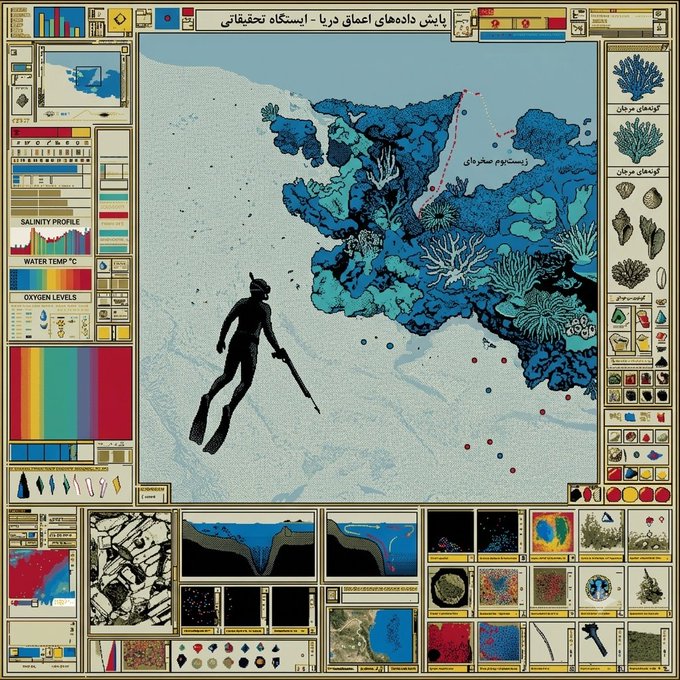 A complex, dashboard-style digital illustration showing a diver swimming near a coral reef, surrounded by panels containing maps, graphs, and various icons with text in a Middle Eastern script.