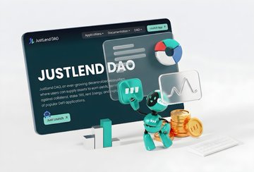 A promotional graphic for JustLend DAO on the JustLend DAO platform, featuring a teal robot character holding coins alongside charts and a dashboard interface.