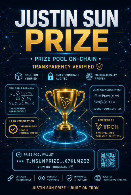 A promotional poster for the 'JUSTIN SUN PRIZE' featuring a gold trophy and text detailing a 'PRIZE POOL ON-CHAIN' with 'TRANSPARENCY VERIFIED' through 'SMART CONTRACT AUDITED' and 'MATHEMATICALLY PROVEN' features on the TRON network.