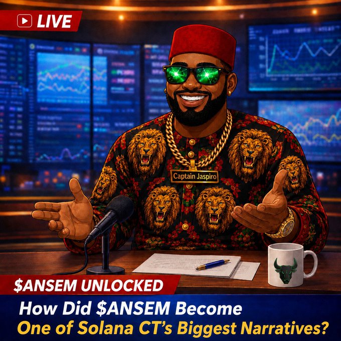 A 'LIVE' thumbnail shows 'Captain Jaspiro'—a man in a red cap, green star glasses, and lion-print shirt—broadcasting from a stock-chart studio, with text '$ANSEM UNLOCKED: How Did $ANSEM Become One of Solana CT's Biggest Narratives?'