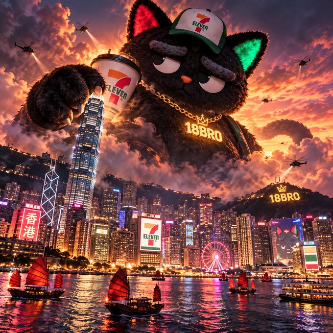 A vibrant AI-generated illustration showing a giant cat character wearing a 7-Eleven cap and '18BRO' chain looming over Hong Kong harbor, with 7-Eleven logos, traditional junk boats, and helicopters in the scene.