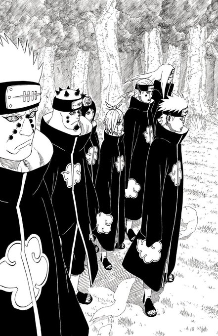 A black and white manga panel depicting six characters wearing black cloaks with cloud designs, identified as Akatsuki members from the series Naruto.