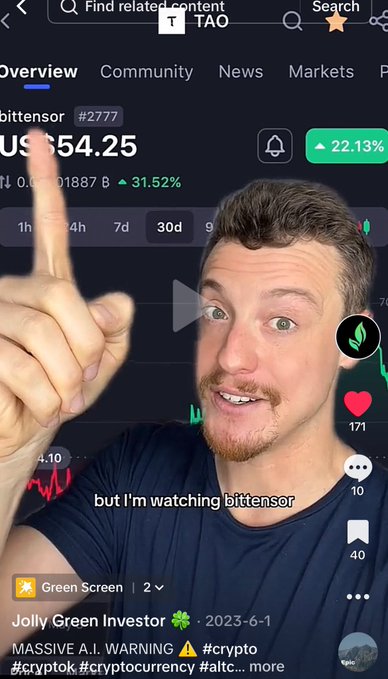 A man points upward in a TikTok video by "Jolly Green Investor" posted on 2023-6-1, with the caption "but I'm watching bittensor" appearing on screen. The background displays the Bittensor ($TAO) cryptocurrency price at $254.25 with a 31.52% gain, visually reinforcing the video's message about an early call on the token before its major price increase.