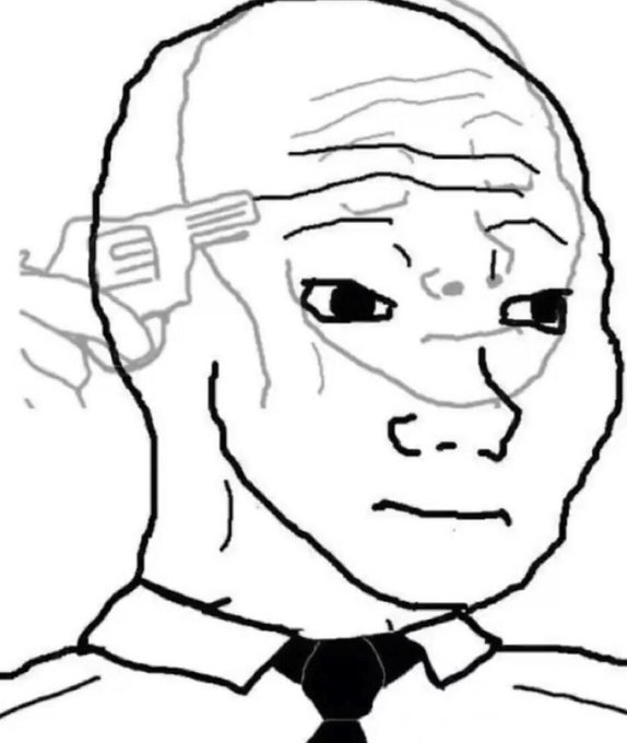 A black-and-white line drawing of a Wojak-style bald man in a suit and tie, with a hand combing the back of his head.
