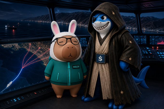 A cartoon character in a teal hoodie labeled "HODLER" and a shark in a Jedi-style robe with a "$" belt buckle stand together inside a ship's bridge at night, overlooking a dark ocean. The scene visually represents the post's message about @EthraShip, highlighting a crypto project backed by real-world shipping assets that operate independently of blockchain technology.
