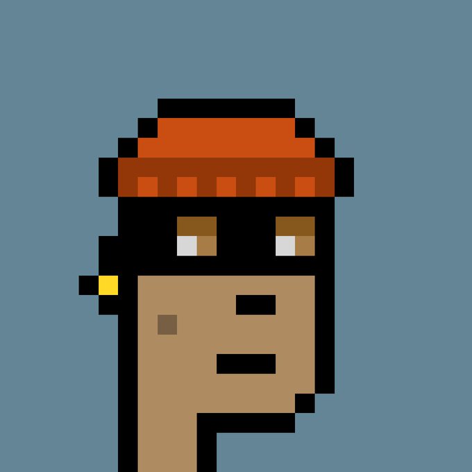 A pixel art portrait of a person's face in profile with brown skin, wearing a black and orange beanie, set against a solid blue background.