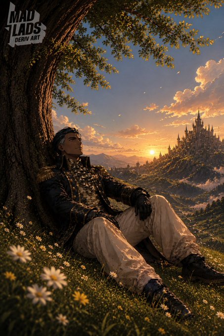 A digital artwork branded 'MAD LADS DERIV ART' depicting an aristocratic figure in ornate military-style attire reclining under a tree, overlooking a fantasy castle at sunset.