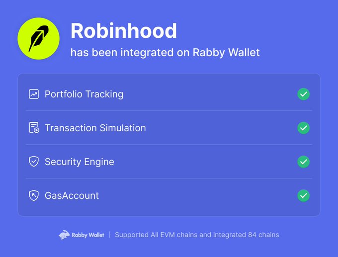 A promotional graphic with a blue background announces "Robinhood has been integrated on Rabby Wallet," featuring the Robinhood feather logo and highlighting supported features including Portfolio Tracking, Transaction Simulation, Security Engine, and GasAccount, each marked with green checkmarks. The footer notes Rabby Wallet supports all EVM chains and has integrated 84 chains, visually confirming the post's announcement of the Robinhood chain integration.