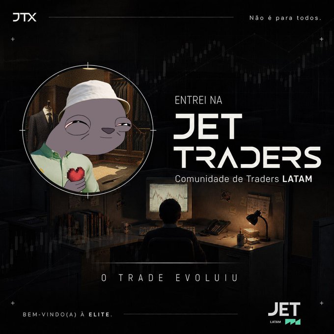 A promotional graphic for JET Traders LATAM featuring the text "ENTREI NA JET TRADERS Comunidade de Traders LATAM" alongside an animated character and a trader at a desk, celebrating the user's new membership in the exclusive trading community ahead of the JITO platform launch.
