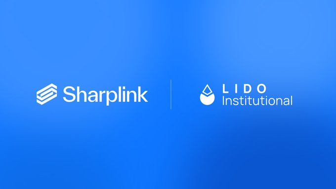 A blue promotional graphic displaying the Sharplink logo alongside the LIDO Institutional logo, separated by a vertical dividing line.